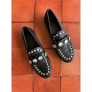 Sz 6M Karl Lagerfeld Paris Avah Studded Crystal Black Leather Loafer Flats NWOT